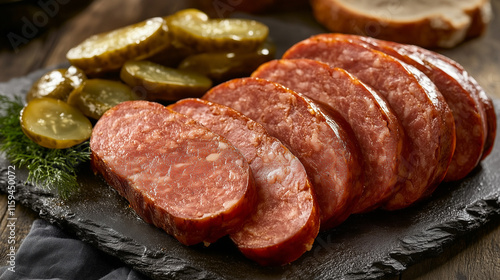 Sliced kielbasa with a side of pickles and rye bread, inviting and hearty presentation  photo