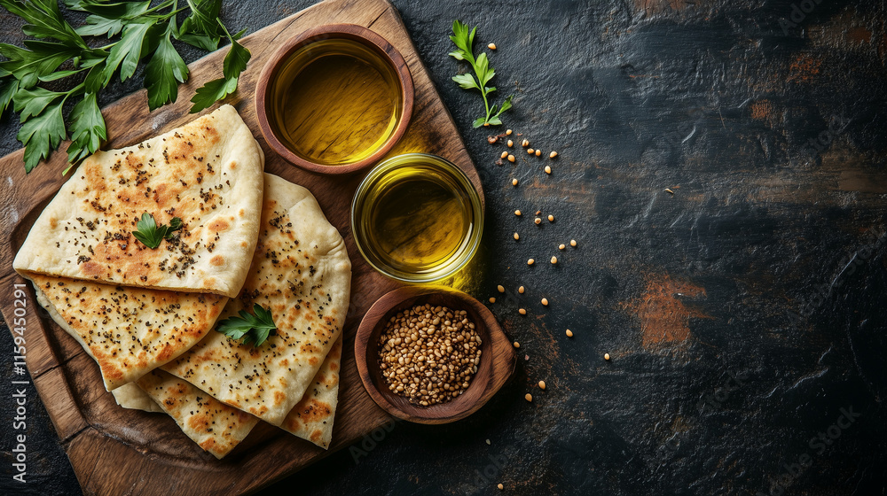 Rustic flatbread with a golden crust, served on a wooden board with a side of olive oil and herbs, soft natural light Rustic flatbread with a golden crust, served on a wooden board with a side of olive oil and herbs, soft natural light