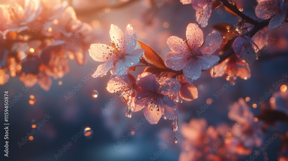 Cherry blossom with soft pink petals, water drops clinging to delicate flowers, spring glow, generative ai Cherry blossom with soft pink petals, water drops clinging to delicate flowers, spring glow, generative ai