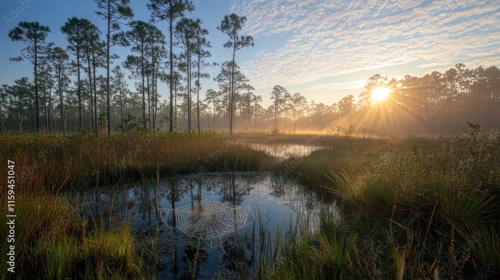 Fototapeta premium Sunrise over misty swamp with tall pines reflecting in calm water.