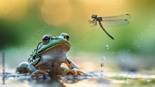 Green frog and dragonfly near water. photo