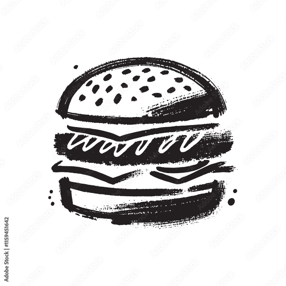 Grunge black and white brush sketch of a hamburger with artistic texture Grunge black and white brush sketch of a hamburger with artistic texture