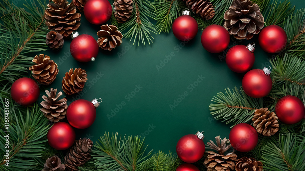 Festive New Year's decorations and pinecones beautifully arranged on a vibrant green background, evoking a natural holiday charm. Festive New Year's decorations and pinecones beautifully arranged on a vibrant green background, evoking a natural holiday charm.