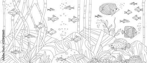 coloring book page for adults and children underwater world with seaweeds, fishes, seashell
