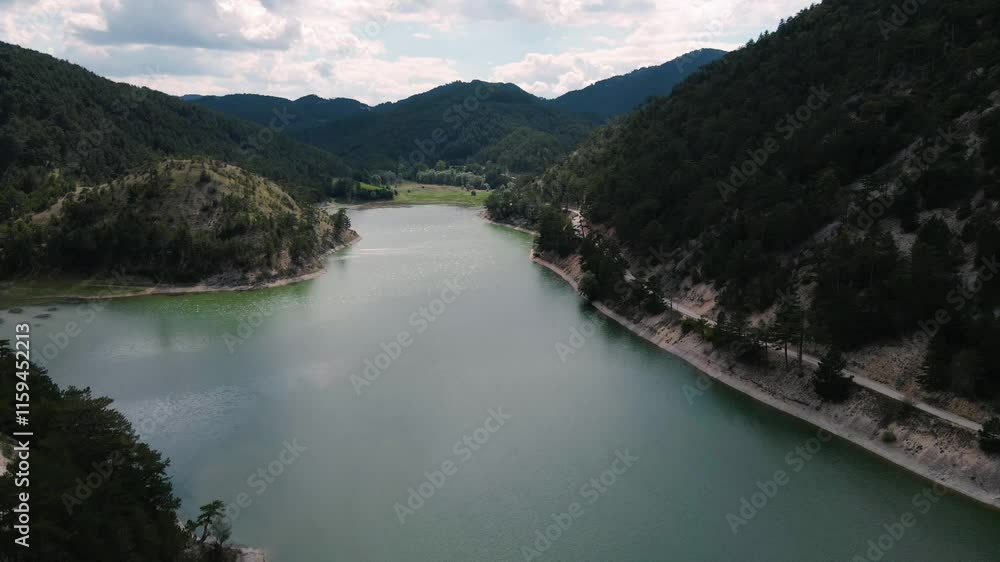 Drone shot of Magnificent view of Sunnet Lake among the mountains in Bolu in Turkey Drone shot of Magnificent view of Sunnet Lake among the mountains in Bolu in Turkey