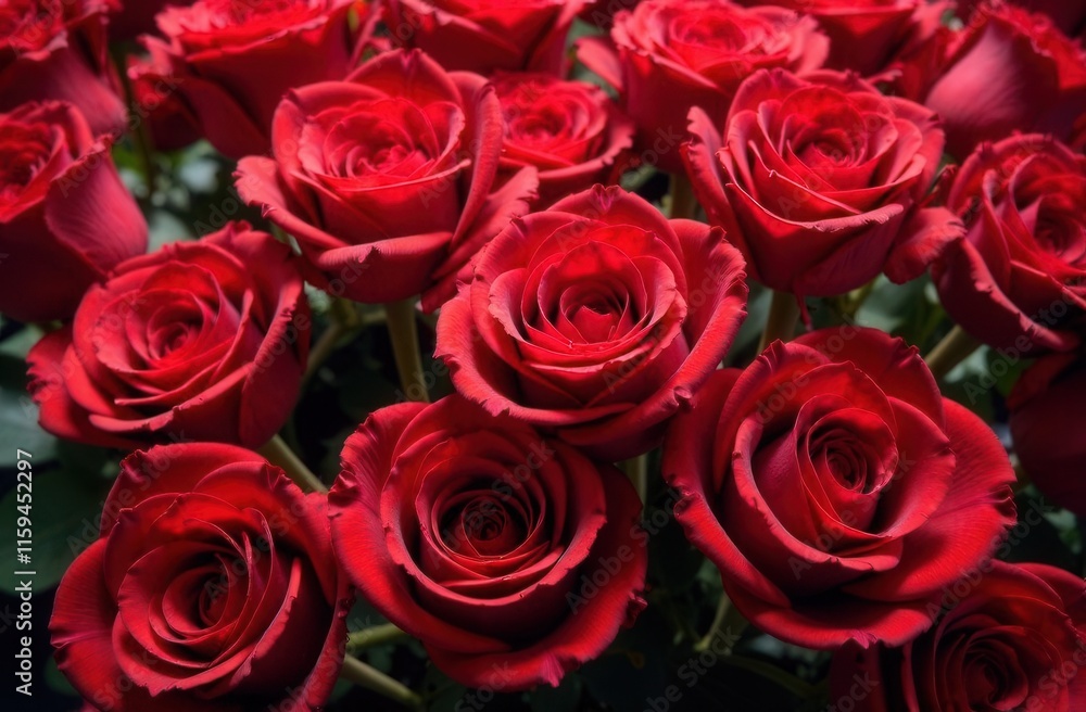 A beautiful bunch of vibrant red roses adorned with water drops on them A beautiful bunch of vibrant red roses adorned with water drops on them