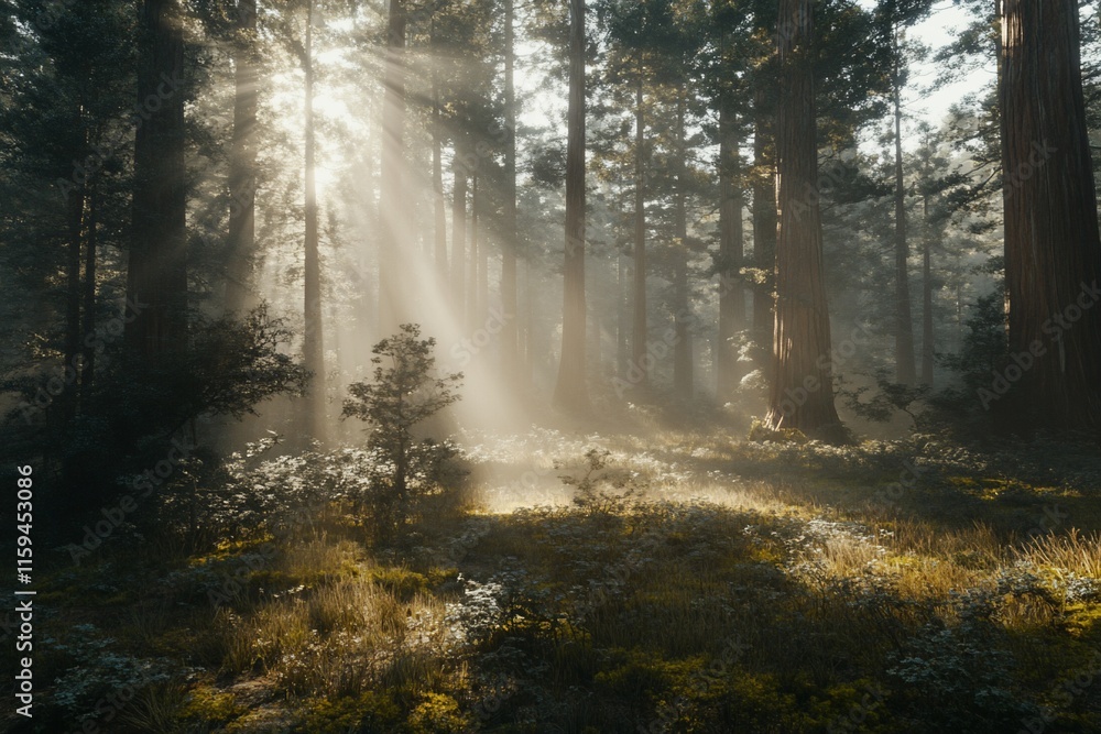 Fototapeta premium Sunbeams pierce misty forest, illuminating tall trees and undergrowth.
