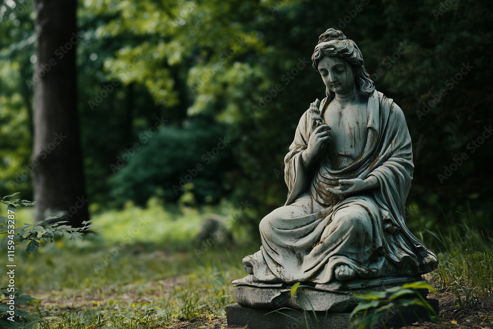 Crumbling statue of prosperity sits silently in a deserted park surrounded by lush greenery and overgrown grass Crumbling statue of prosperity sits silently in a deserted park surrounded by lush greenery and overgrown grass