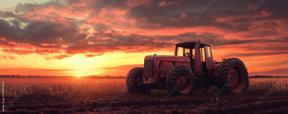 Fototapeta premium Rusted tractor stands in a desolate field under a vibrant sunset with dramatic clouds in the sky