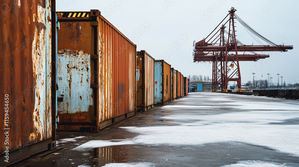 Shipping containers lined up at an unused dock during winter with cranes in the background Shipping containers lined up at an unused dock during winter with cranes in the background