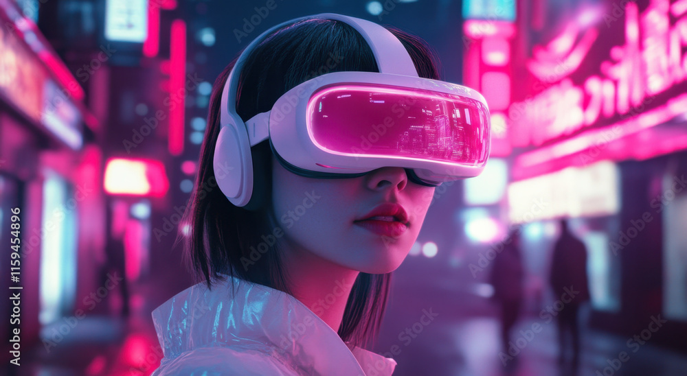 A young woman stands in a vibrant, neon-lit city, immersed in virtual reality. She wears a sleek headset and headphones, engaged in an alternate digital world around her. A young woman stands in a vibrant, neon-lit city, immersed in virtual reality. She wears a sleek headset and headphones, engaged in an alternate digital world around her.