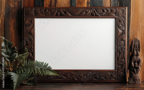 Blank white poster framed in dark oak, displayed with an image of a New Zealand Maori carving depicting ancestral figures, with fern patterns and a wooden background  photo