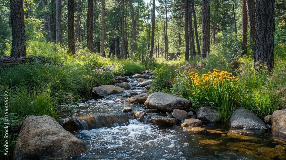 Sunlit stream flows through lush forest, wildflowers bloom along banks. Sunlit stream flows through lush forest, wildflowers bloom along banks.