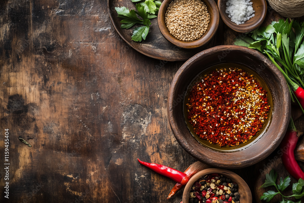 Sannakji with chili and sesame oil, served on a rustic wooden table, bold and adventurous vibe Sannakji with chili and sesame oil, served on a rustic wooden table, bold and adventurous vibe