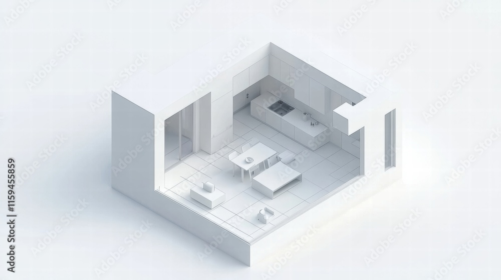Minimalist White Kitchen and Living Room Isometric Design Minimalist White Kitchen and Living Room Isometric Design