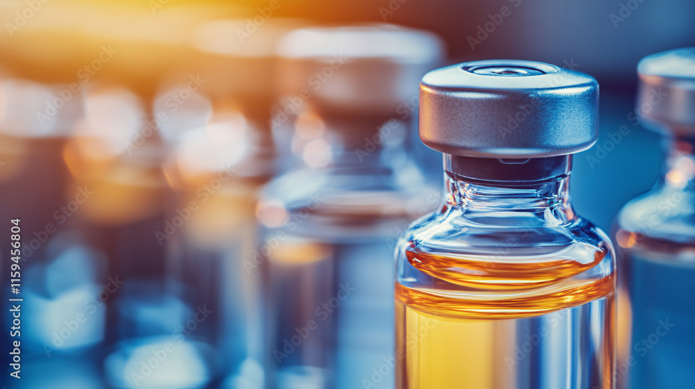 A close-up of glass vials containing a golden liquid, reflecting light, symbolizing medicine or vaccines in a clinical setting. A close-up of glass vials containing a golden liquid, reflecting light, symbolizing medicine or vaccines in a clinical setting.