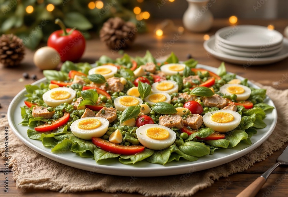 salad with fresh vegetables, boiled eggs, boiled chicken, spices salad with fresh vegetables, boiled eggs, boiled chicken, spices