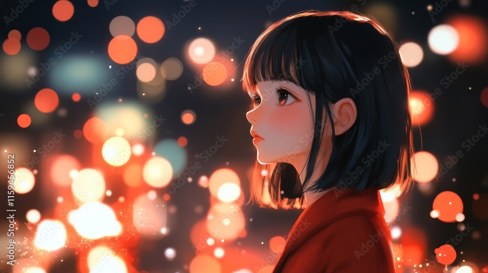 Anime Girl Gazing at City Lights at Night Anime Girl Gazing at City Lights at Night