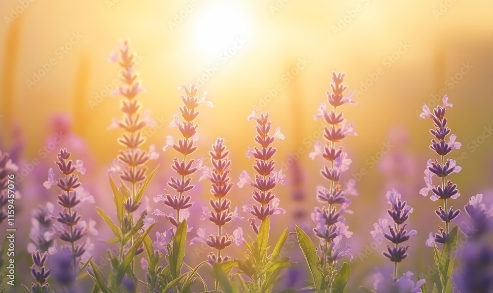 Sunset illuminates lavender field. Sunset illuminates lavender field.