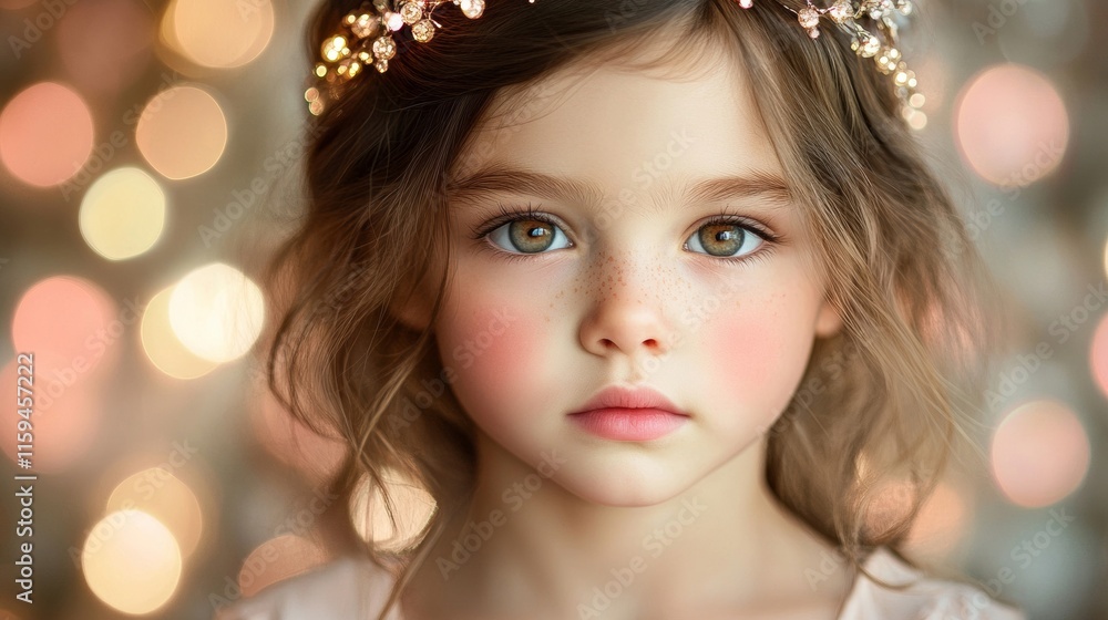 A Little Girl With Freckles Wearing A Delicate Crown A Little Girl With Freckles Wearing A Delicate Crown