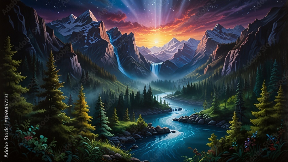 Obraz premium photorealistic painting with Serene Lake Reflection and Starry Sky V3