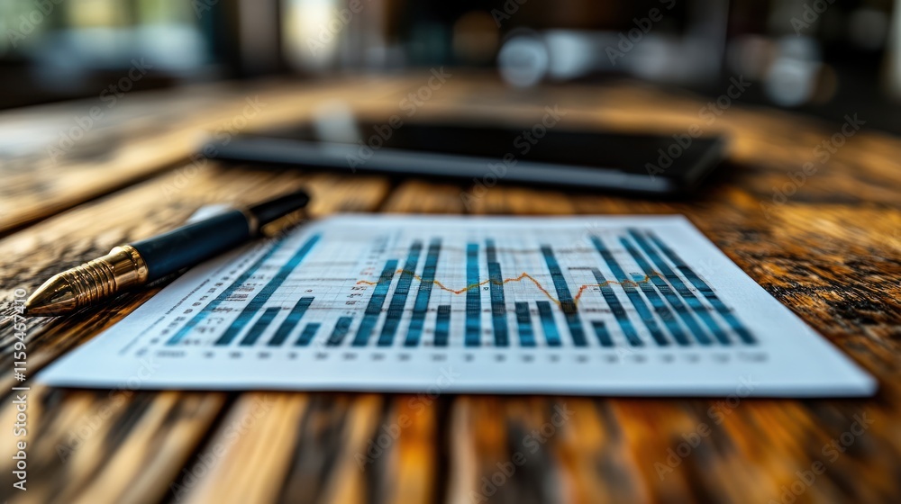 Financial data analysis report on wooden table with pen and laptop. Financial data analysis report on wooden table with pen and laptop.