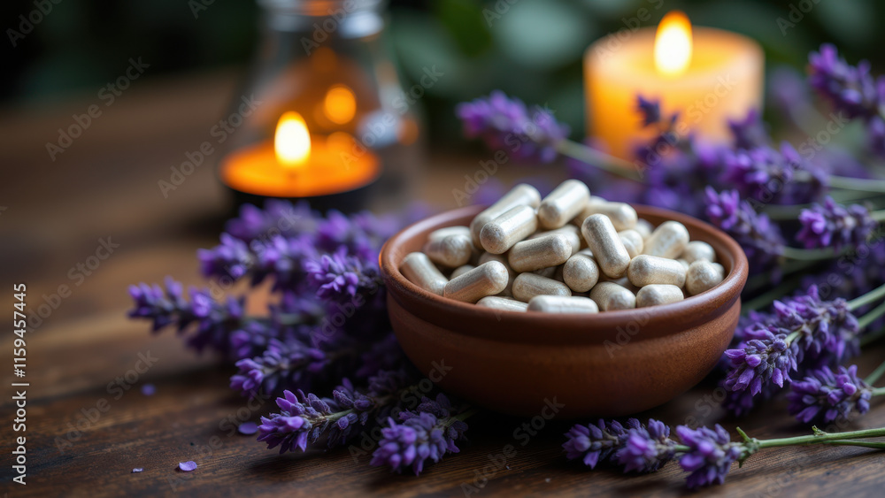 A bowl filled with small magnesium capsules on a wooden surface, accompanied by lavender flowers. A bowl filled with small magnesium capsules on a wooden surface, accompanied by lavender flowers.