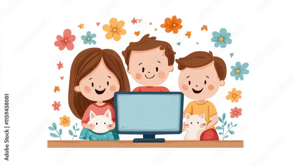 Computer hand drawn, A family is gathered around a computer, enjoying time together while playing a game, capturing a moment of connection and fun. Computer hand drawn, A family is gathered around a computer, enjoying time together while playing a game, capturing a moment of connection and fun.