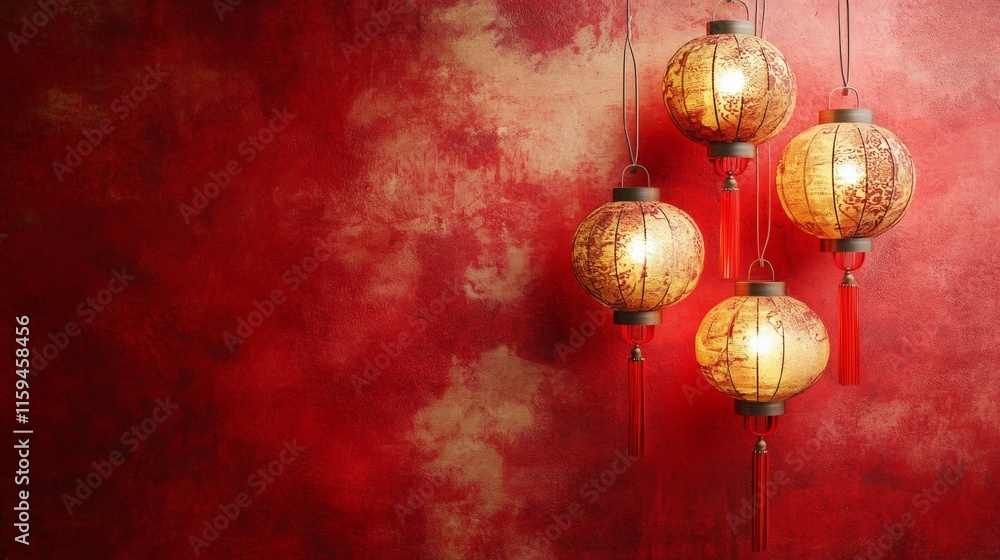Illuminated Chinese Lanterns Against A Red Wall Illuminated Chinese Lanterns Against A Red Wall
