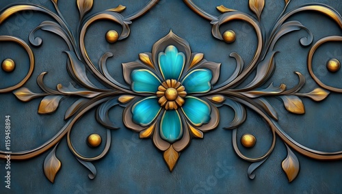 Stained glass with blue and golden floral design on geometric dark blue background. photo