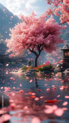 Pink cherry blossom tree reflected in calm water. (2)