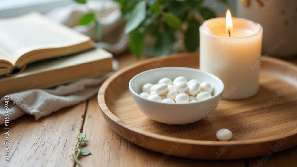 Magnesium capsules on a wooden tray with a candle, a book, and a cloth. Relaxing atmosphere for taking supplements.