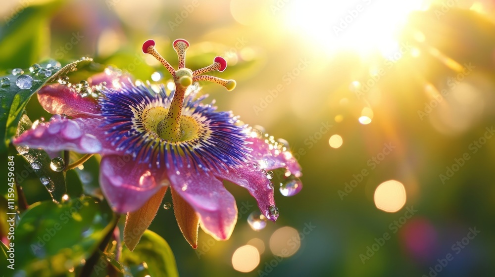 Close-up of a passionflower with intricate details and dew drops sparkling in the morning sun, exotic garden setting generative ai Close-up of a passionflower with intricate details and dew drops sparkling in the morning sun, exotic garden setting generative ai