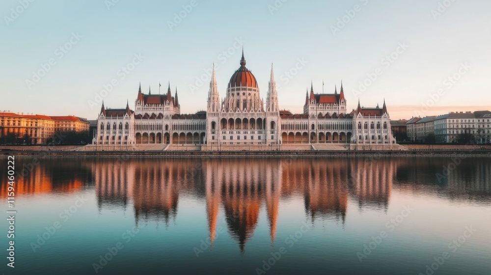 Obraz premium Calm River Reflection at Dawn with Scenic City Backdrop