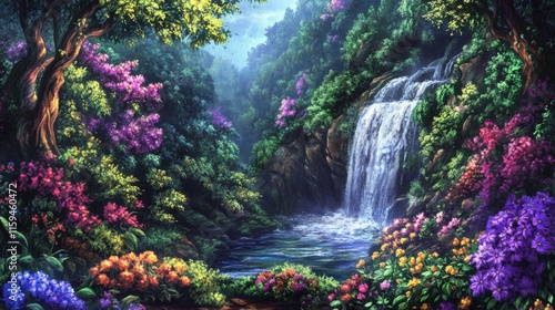 Cascading Waterfall Surrounded by Vibrant Flowers