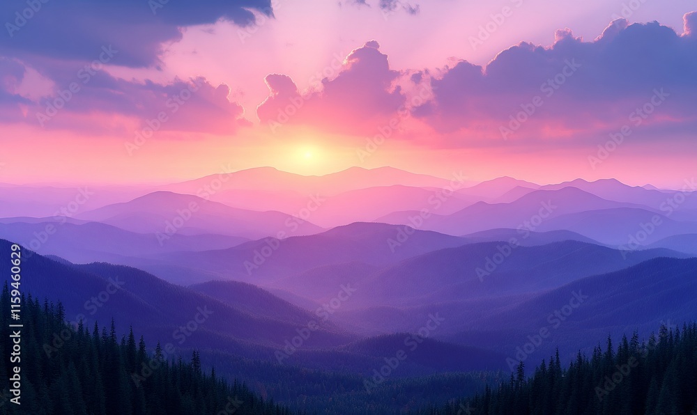 Fototapeta premium Vibrant sunset over layered purple mountains.