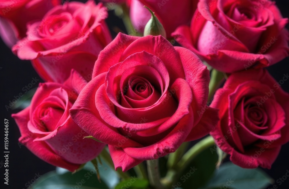 A beautifully arranged bunch of red roses adorned with water drops on them A beautifully arranged bunch of red roses adorned with water drops on them
