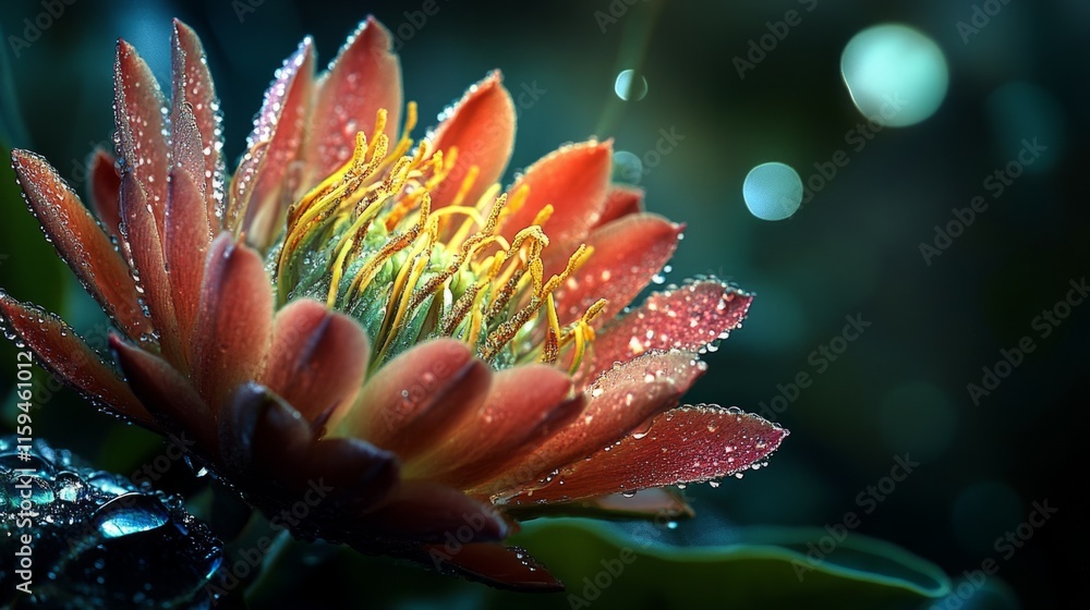 Close-up of a rare protea flower with intricate textures, water droplets enhancing its dramatic look generative ai Close-up of a rare protea flower with intricate textures, water droplets enhancing its dramatic look generative ai