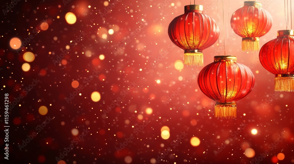 Red Chinese Lanterns Hanging Against Festive Background Red Chinese Lanterns Hanging Against Festive Background