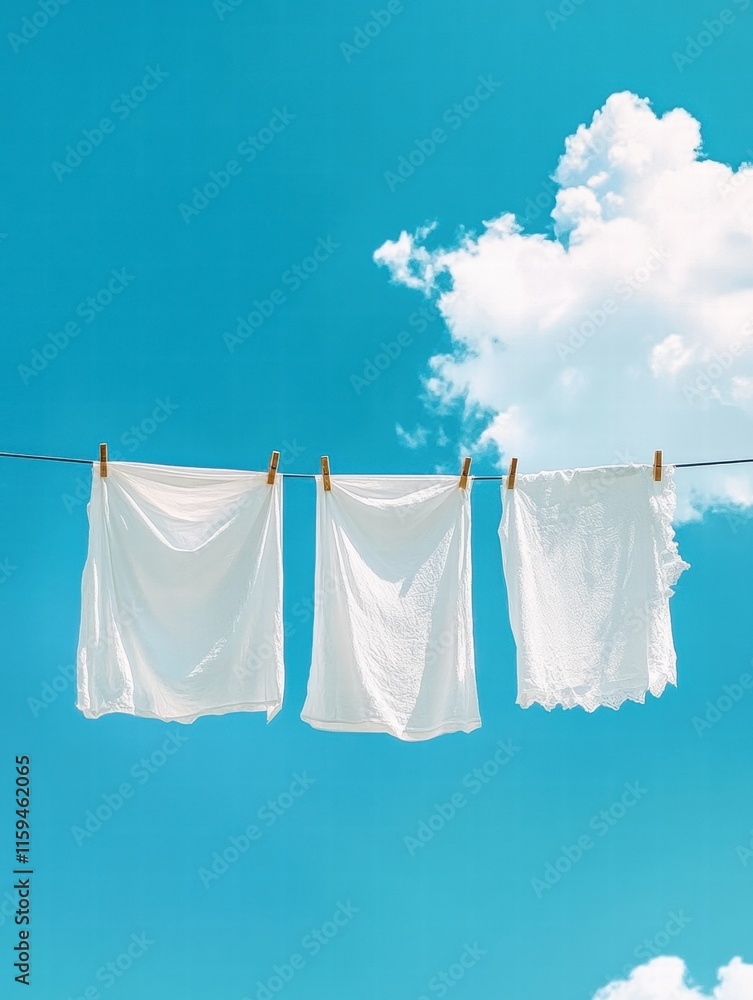 Bright white clothes drying on a line under sunny blue sky with fluffy clouds for mock up and text placement. Generative AI Bright white clothes drying on a line under sunny blue sky with fluffy clouds for mock up and text placement. Generative AI