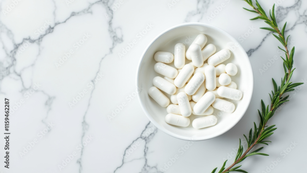 Magnesium capsules on marble surface with herbal garnish. Magnesium capsules on marble surface with herbal garnish.