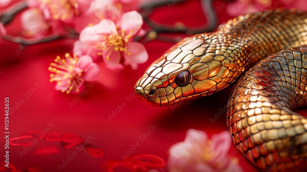 Golden Snake with Pink Blossoms on Red Fabric Golden Snake with Pink Blossoms on Red Fabric