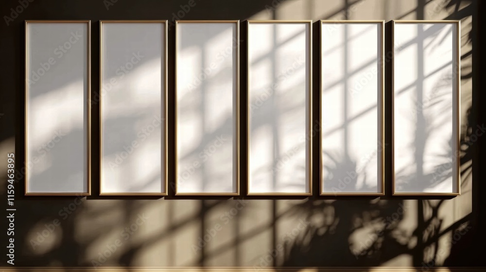 Five Empty Gold Frames on Dark Green Wall with Sunlight and Shadow Five Empty Gold Frames on Dark Green Wall with Sunlight and Shadow