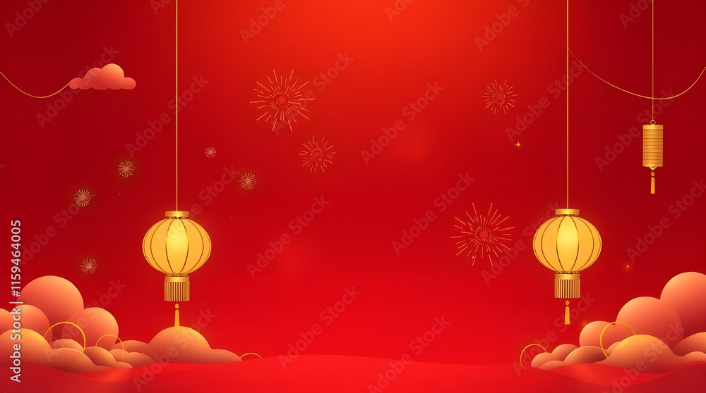 Minimalist Lunar New Year Background with Golden Lanterns, Fireworks, and Reunion Symbol on Red Minimalist Lunar New Year Background with Golden Lanterns, Fireworks, and Reunion Symbol on Red