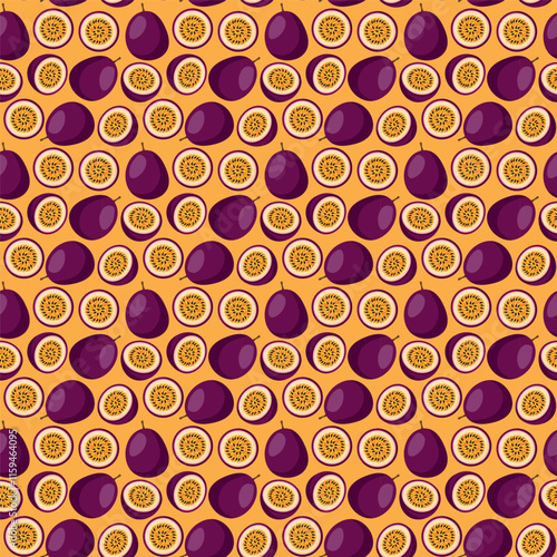 Passion Fruit flat seamless pattern on orange background. Wrapping paper, gift card, poster, banner design. Home decor, modern textile print. Summer bright geometric fruits patterned.