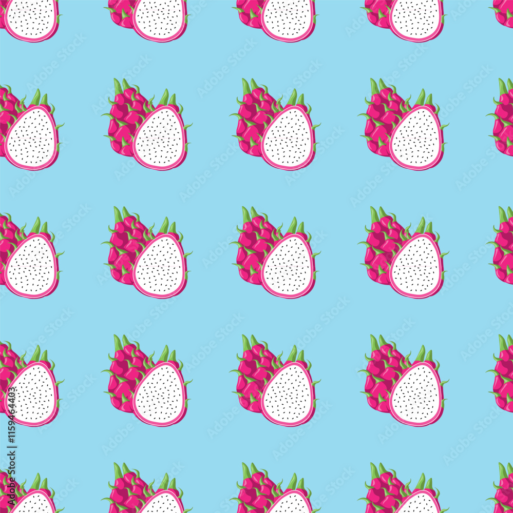 Dragon fruit flat seamless pattern on blue background. Wrapping paper, gift card, poster, banner design. Home decor, modern textile print. Summer bright geometric fruits patterned. Dragon fruit flat seamless pattern on blue background. Wrapping paper, gift card, poster, banner design. Home decor, modern textile print. Summer bright geometric fruits patterned.
