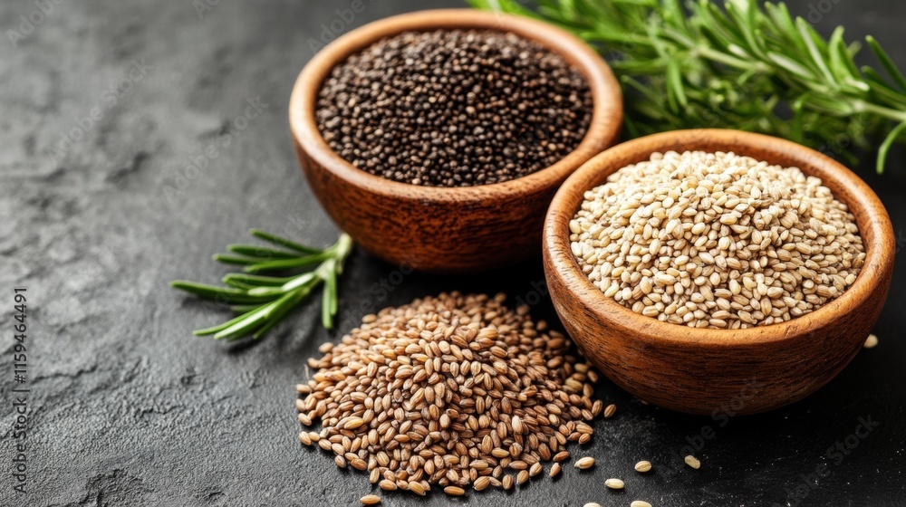 Assortment of Grains and Seeds in Wooden Bowls Assortment of Grains and Seeds in Wooden Bowls
