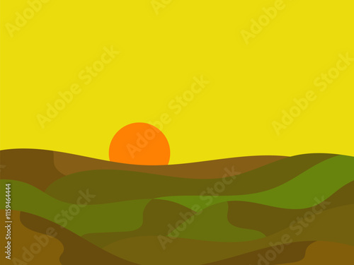 Sunset over green hills. Sun above the horizon of a wavy landscape with green hills and meadows in a minimalist style. Design for covers, wrappers, banners and posters. Vector illustration