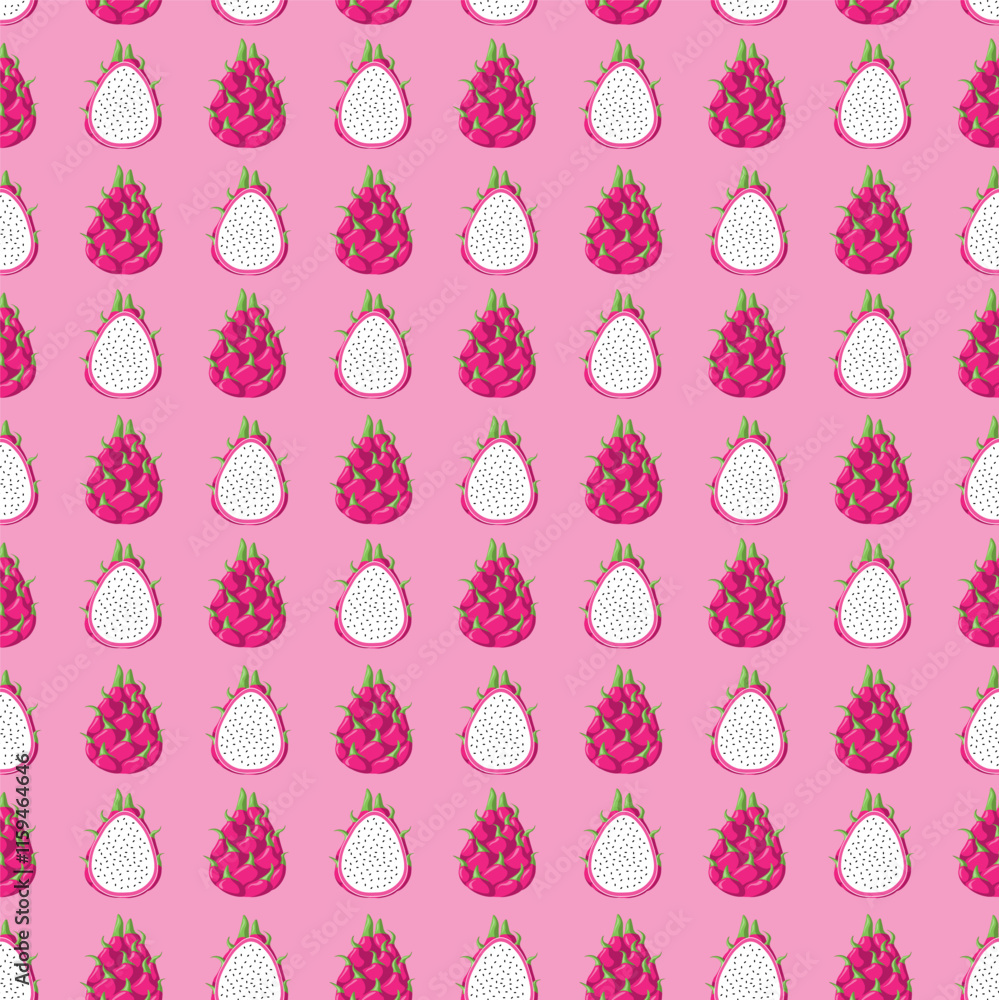 Dragon fruit flat seamless pattern on pink background. Wrapping paper, gift card, poster, banner design. Home decor, modern textile print. Summer bright geometric fruits patterned. Dragon fruit flat seamless pattern on pink background. Wrapping paper, gift card, poster, banner design. Home decor, modern textile print. Summer bright geometric fruits patterned.