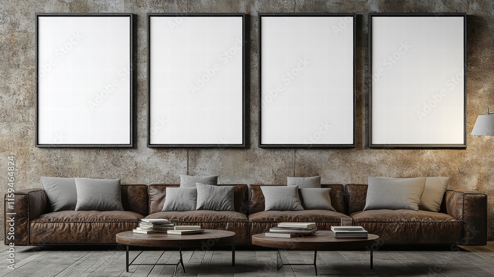 Modern Living Room with Blank Frames and Leather Sofa Modern Living Room with Blank Frames and Leather Sofa